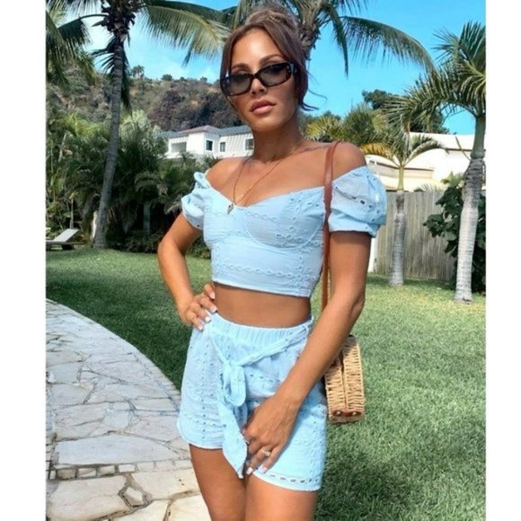 Pink Lace Short Sleeve Crop Top and High Waist Shorts Two Piece Set - Picture 7 of 7